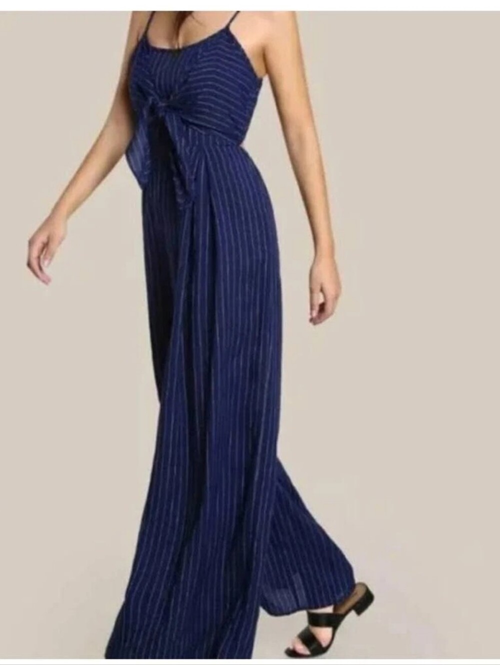 FLYING TOMATO Navy Pin Stripe Smocked Open Back Tie Wide Leg Jumpsuit X-Small
